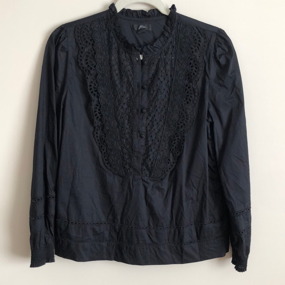 J. Crew NWOT Black Ruffle Neck Eyelet Top